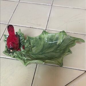 Cracker Barrel Green Leaf Dish with Red Cardinal Accent. Still in original box.